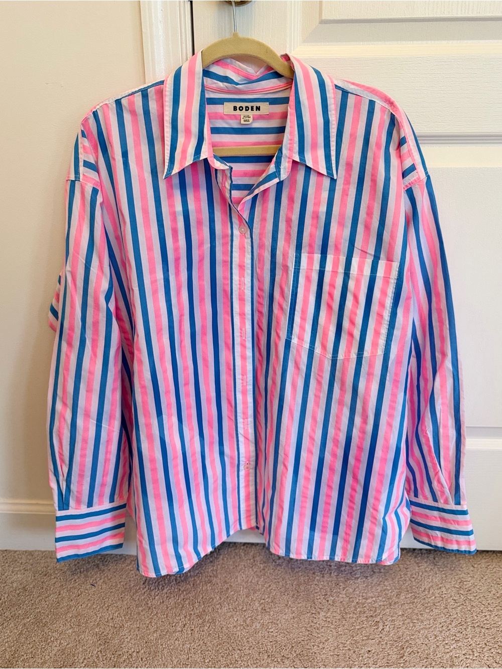 Boden Womens. Hot Pink & Blue Stripe Button-Up Shirt
